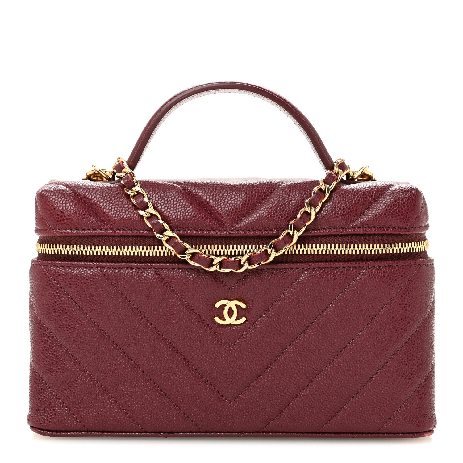 Chanel Shiny Caviar Quilted Sleek Chevron Vanity With Chain Burgundy 1 of 12