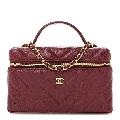 Chanel Shiny Caviar Quilted Sleek Chevron Vanity With Chain Burgundy 1 of 12