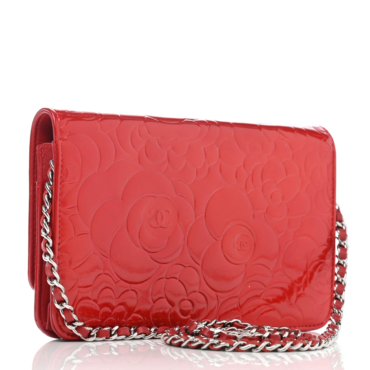 Patent Camellia Embossed Wallet On Chain WOC Dark Red