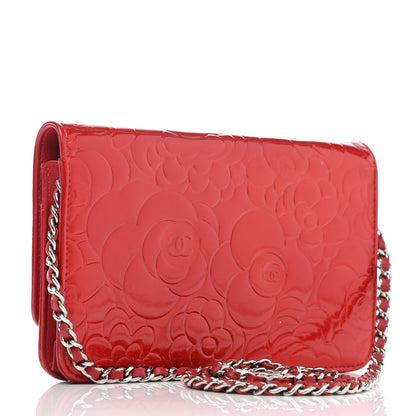 Chanel Patent Camellia Embossed Wallet On Chain WOC Dark Red 3 of 11
