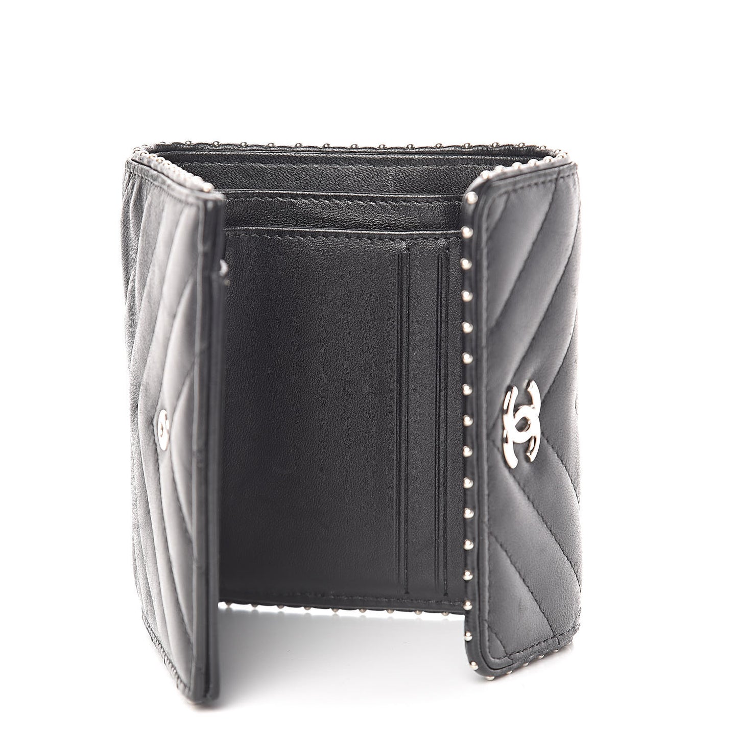 Lambskin Chevron Quilted Studded Compact Flap Wallet Black