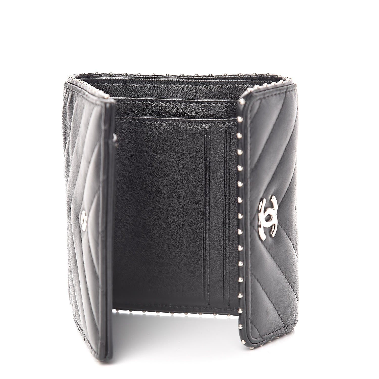 Chanel Lambskin Chevron Quilted Studded Compact Flap Wallet Black 5 of 12