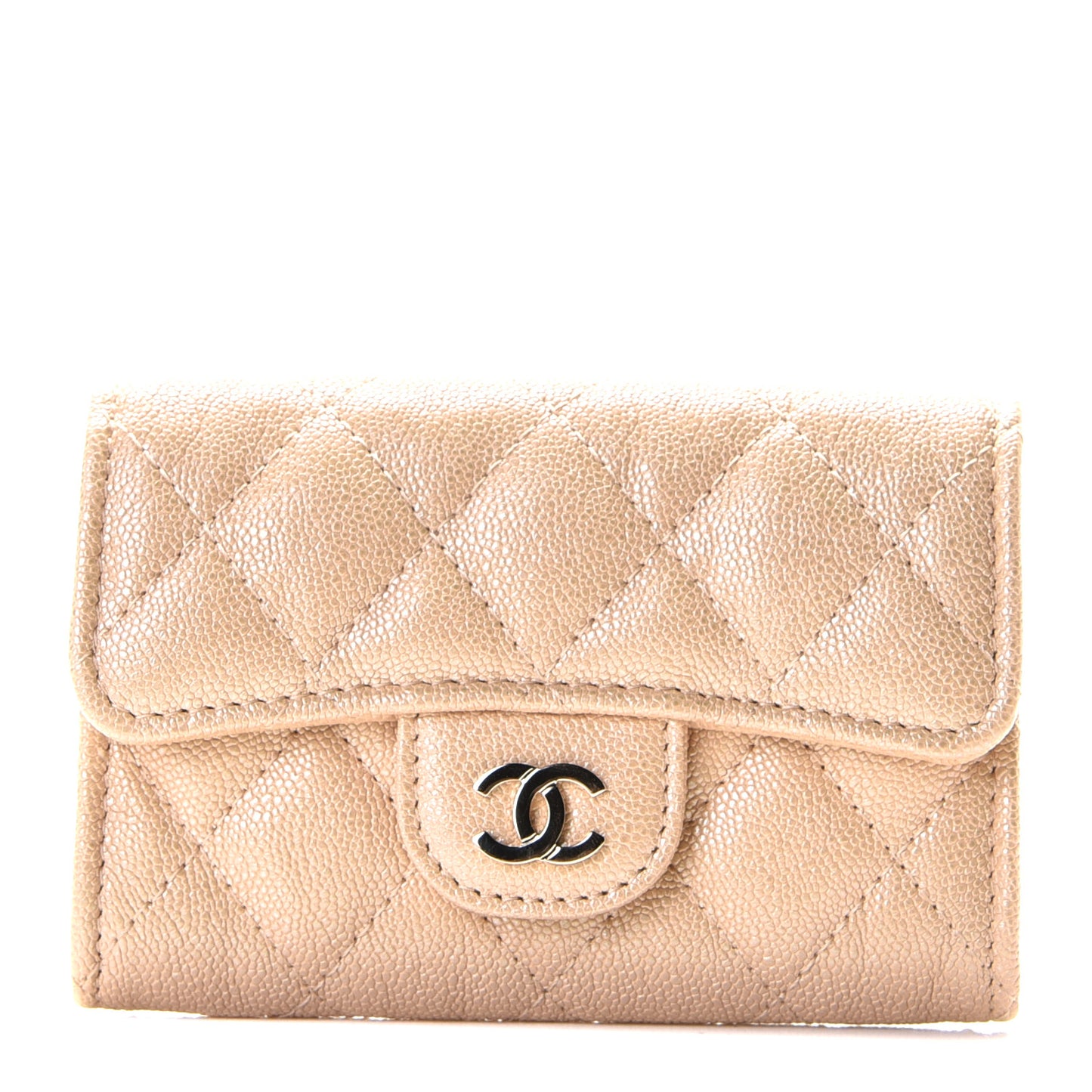 Iridescent Caviar Quilted Flap Card Holder Beige