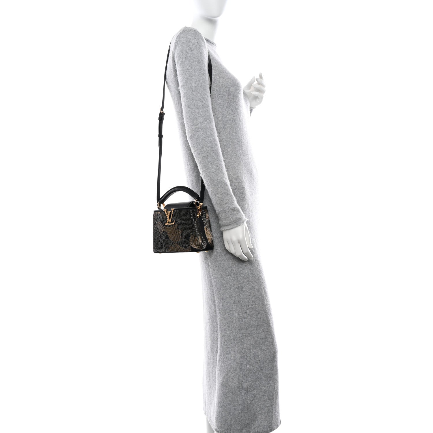 Louis Vuitton Satin Beaded Embroidered Cruella Calfskin Capucines Mini Gold Black 2 of 10