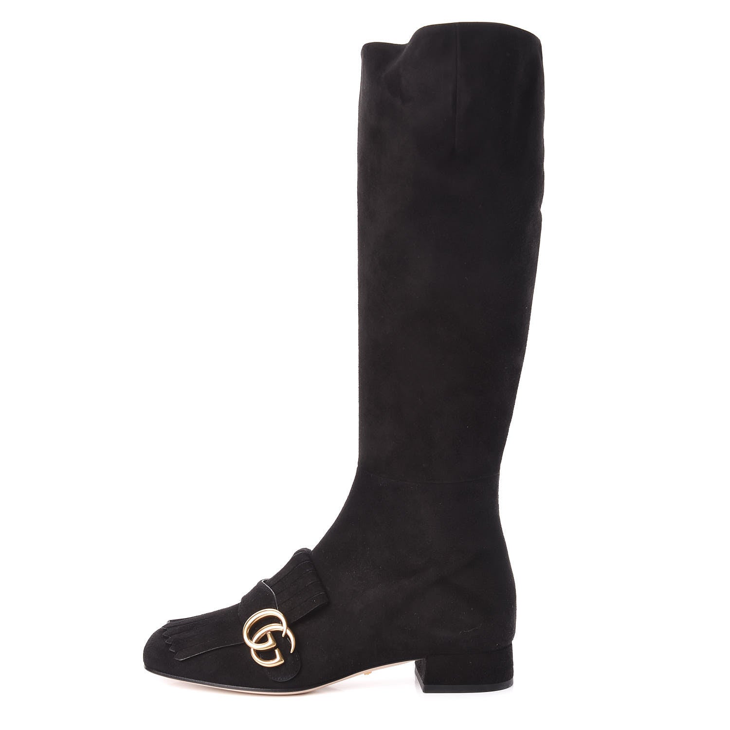Gucci Kid Scamosciato GG Marmont Fringe Knee High Boots 37.5 Black 1 of 11