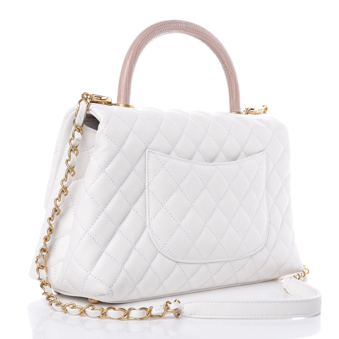 Caviar Lizard Quilted Small Coco Handle Flap White Beige