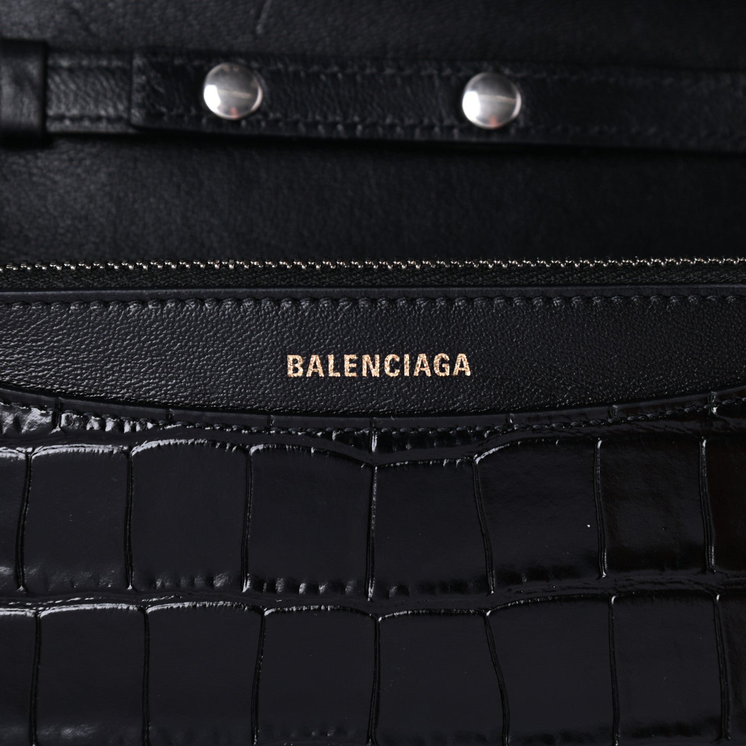 Balenciaga Shiny Calfskin Logo Crocodile Embossed Ville Wallet on Chain Black 6 of 9