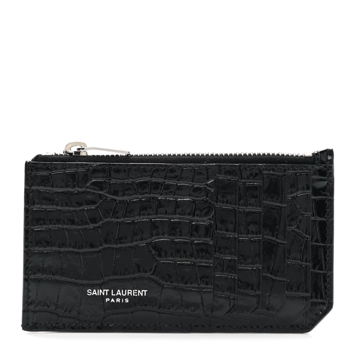 Saint Laurent Calfskin Crocodile Embossed 5 Fragments Zip Pouch Card Holder Black 1 of 7