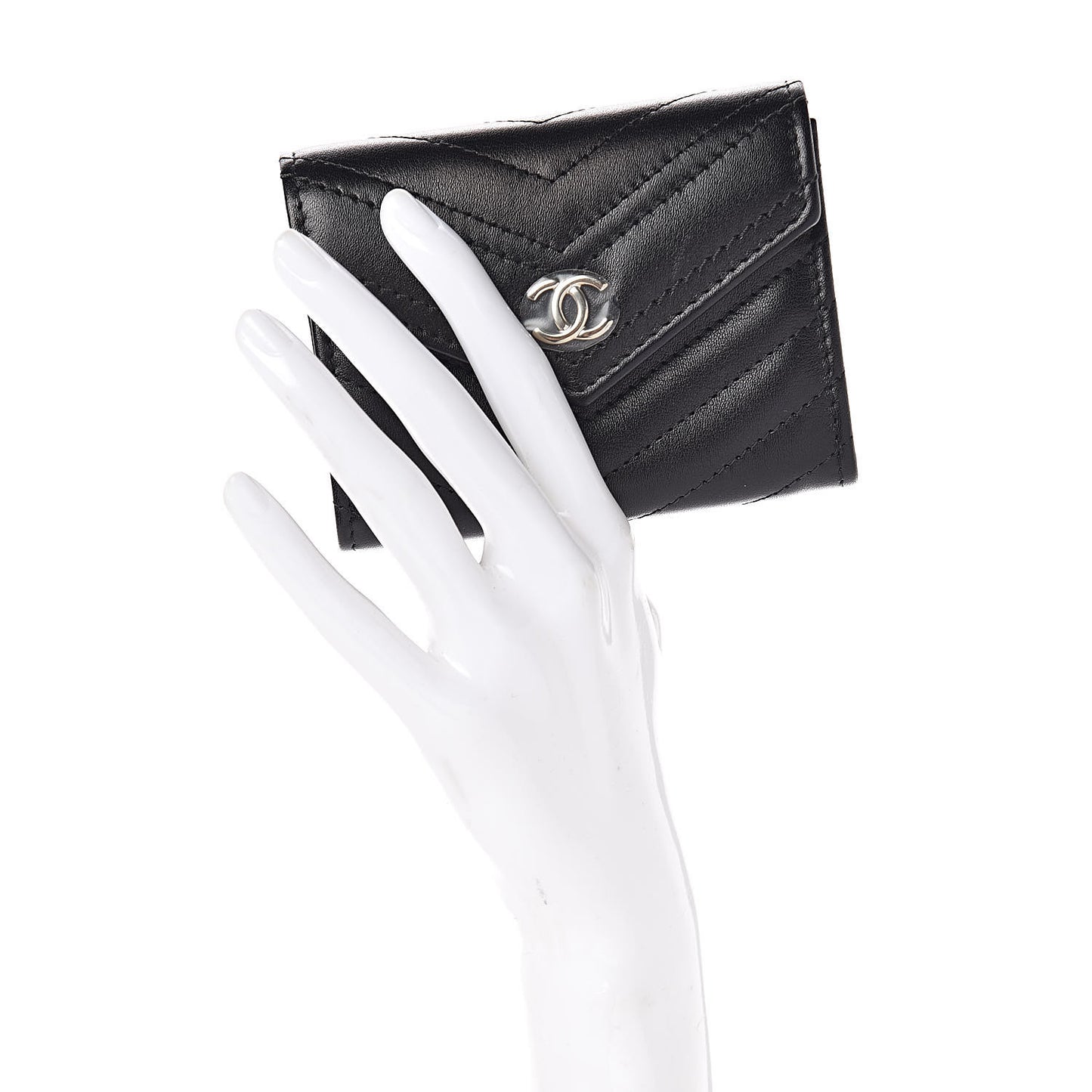 Calfskin Chevron Quilted Compact Flap Wallet Black