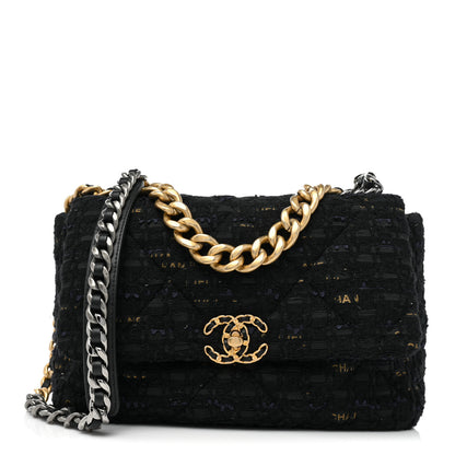 Chanel Tweed Quilted Large Chanel 19 Flap Black Navy Gold 1 of 8