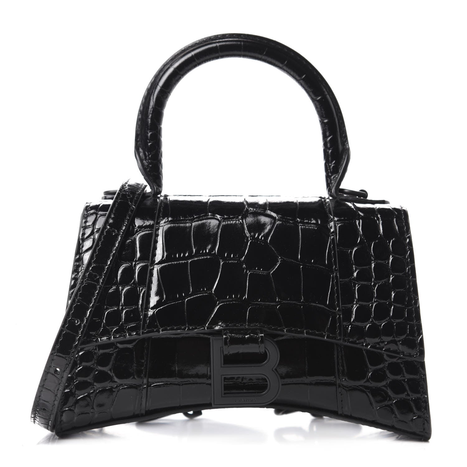Balenciaga Shiny Calfskin Monochrome Crocodile Embossed Hourglass Top Handle Bag XS Black 1 of 9