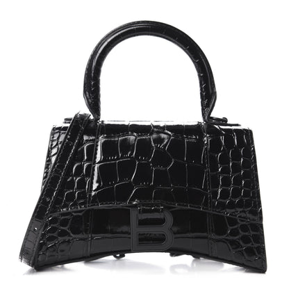Balenciaga Shiny Calfskin Monochrome Crocodile Embossed Hourglass Top Handle Bag XS Black 1 of 9