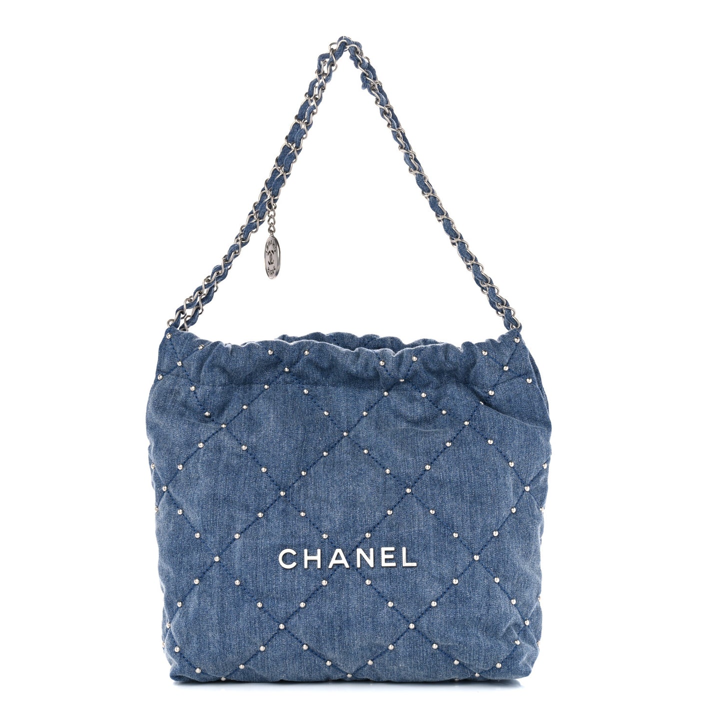Washed Denim Quilted Studded Small Chanel 22 Blue