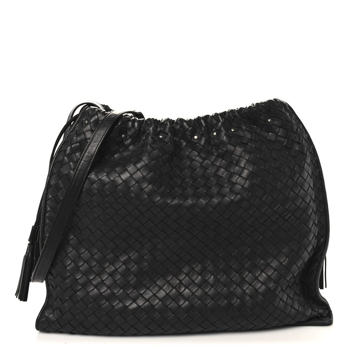 Nappa Intrecciato Medium Drawstring Tassel Tote Black