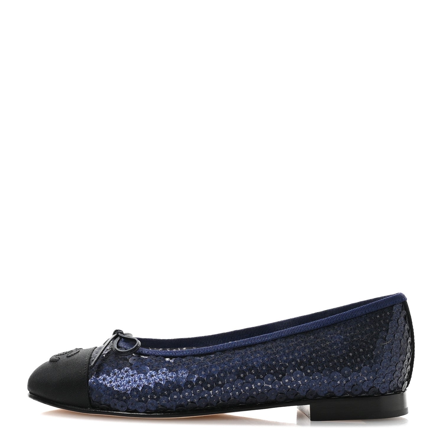Chanel Glittered Muslin Grosgrain Cap Toe Ballerina Flats 37 Navy Blue Black 1 of 8
