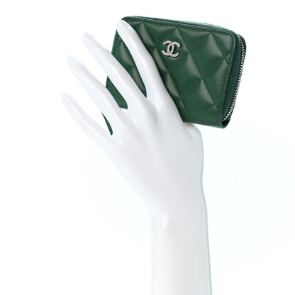 Chanel Lambskin Quilted Zip Around Coin Purse Wallet Green 2 of 8