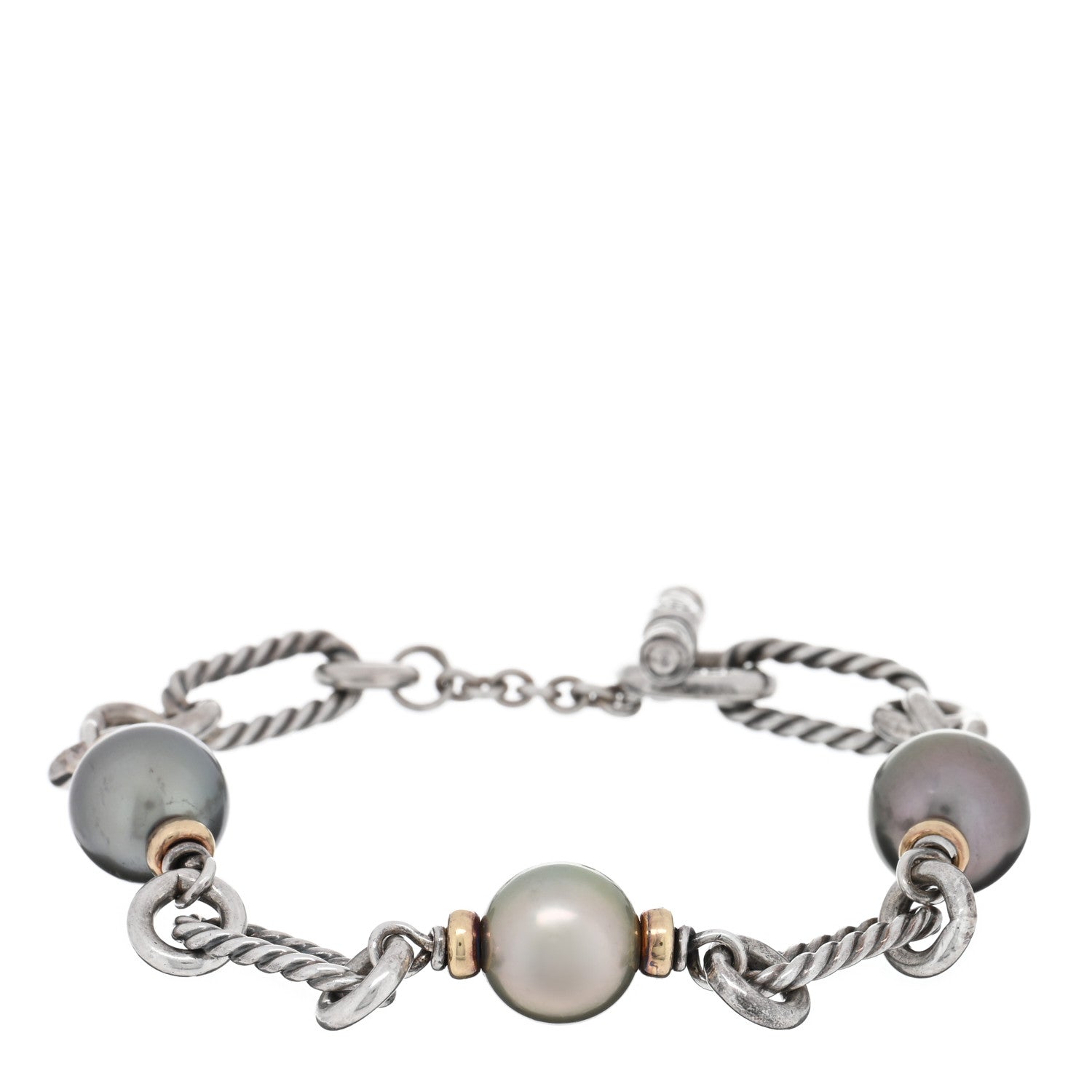 David Yurman Sterling Silver 18K Yellow Gold Tahitian Pearl Figaro Chain Bracelet 1 of 3