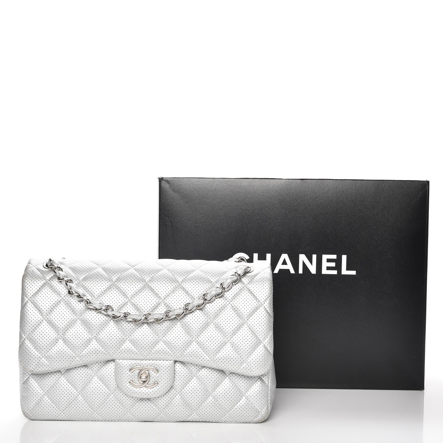 Chanel Metallic Perforated Lambskin Quilted Jumbo Double Flap Light Silver 10 of 10