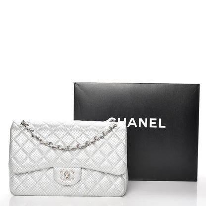 Chanel Metallic Perforated Lambskin Quilted Jumbo Double Flap Light Silver 10 of 10