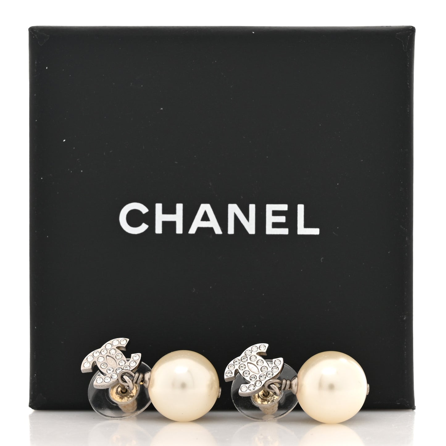 Crystal Pearl CC Drop Earrings Silver Pearly White