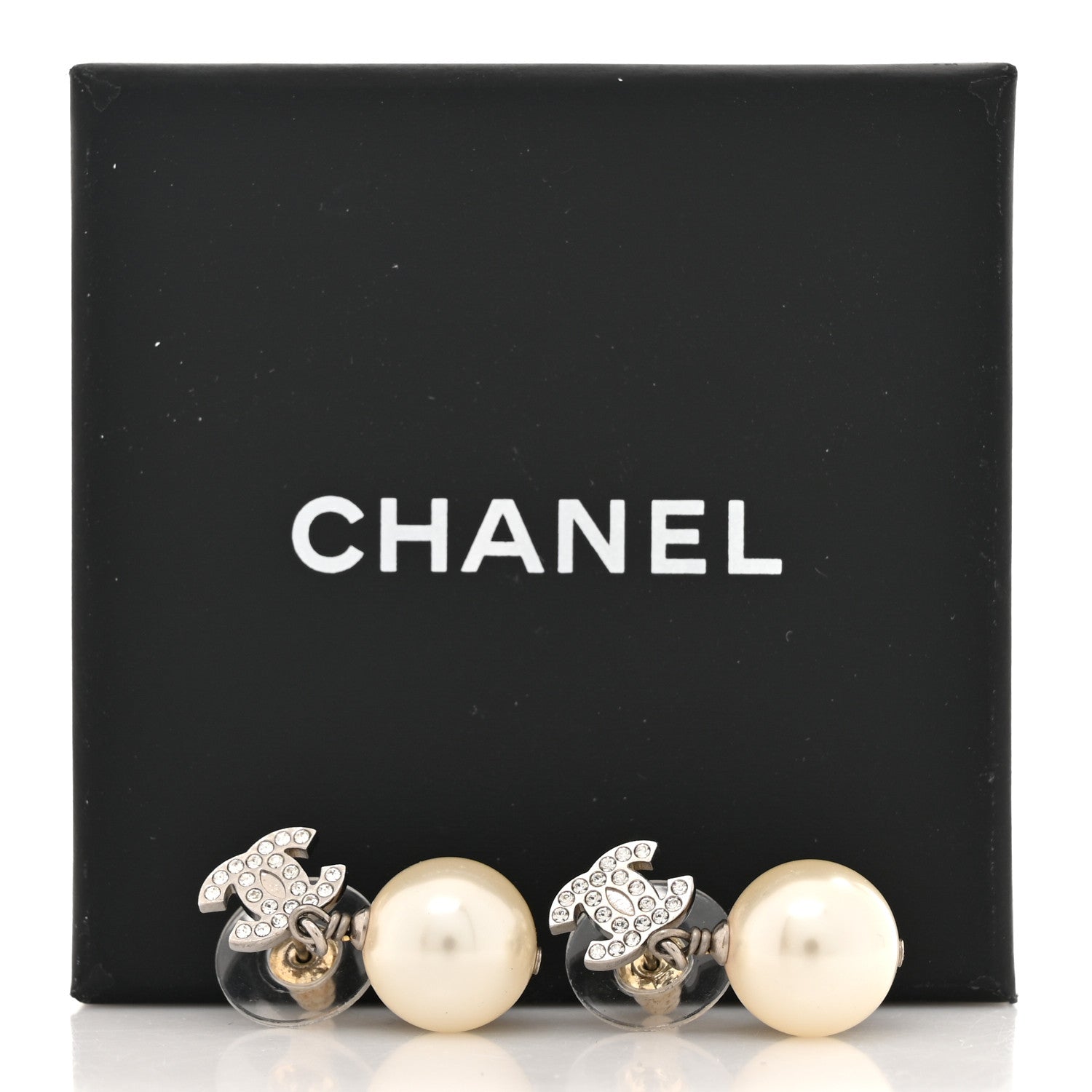 Chanel Crystal Pearl CC Drop Earrings Silver Pearly White 5 of 5