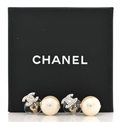 Chanel Crystal Pearl CC Drop Earrings Silver Pearly White 5 of 5