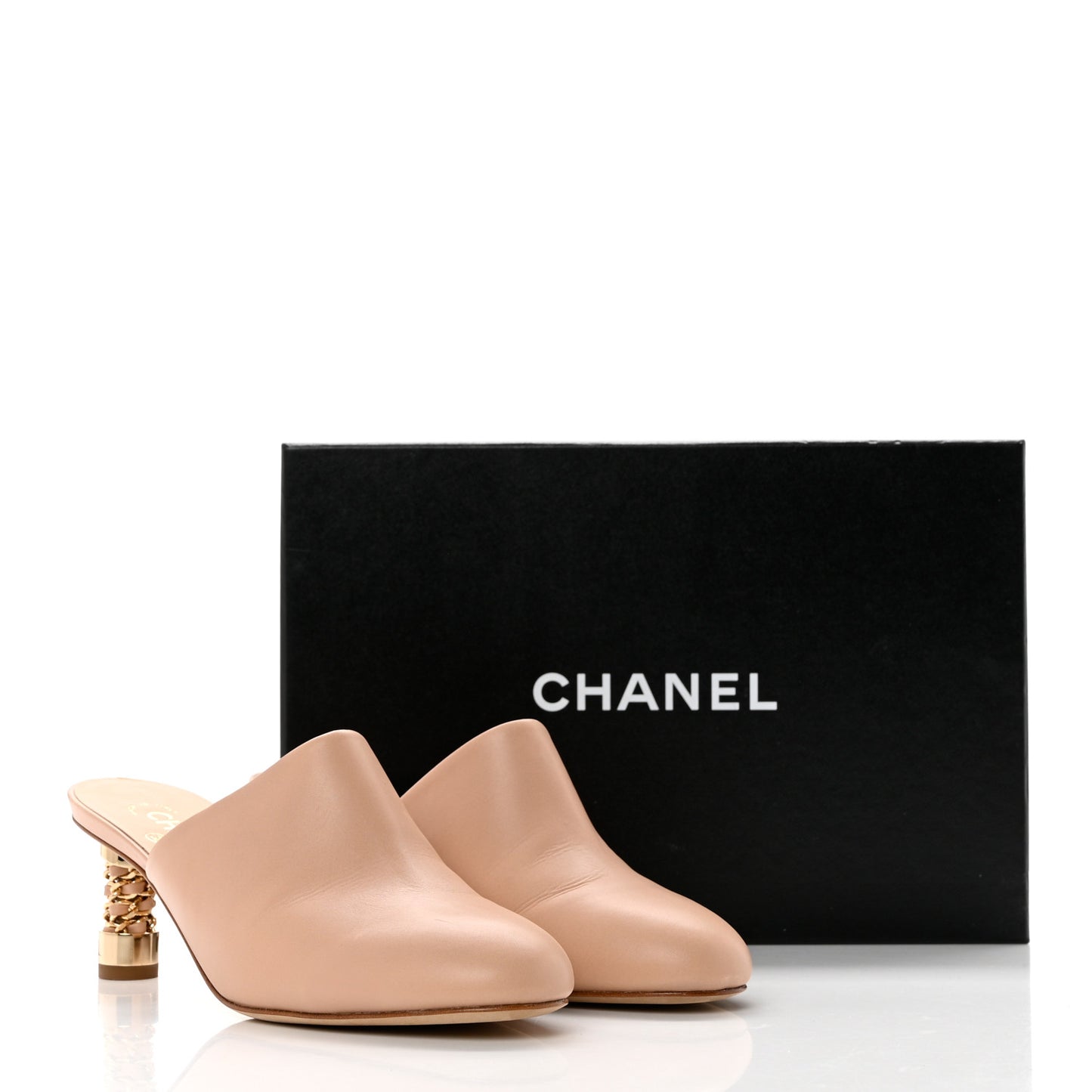 Calfskin CC Chain Mules Sandals 39.5 Beige