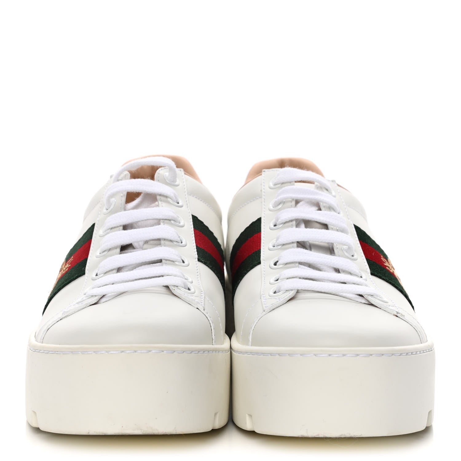 Gucci Calfskin Web Bee Embroidered Womens Ace Platform Sneakers 37.5 White 2 of 11
