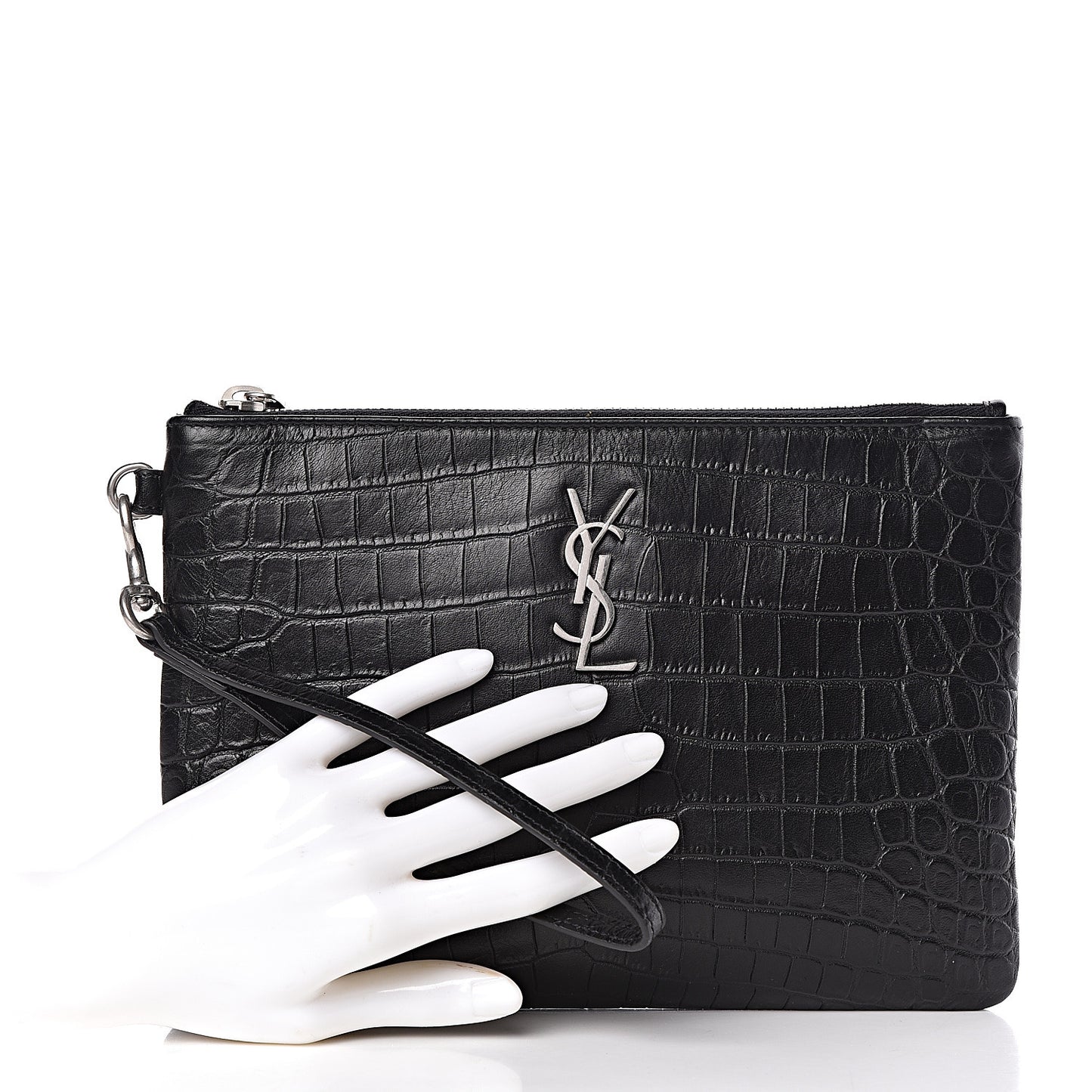 Calfskin Crocodile Embossed Monogram Zip Pouch Black