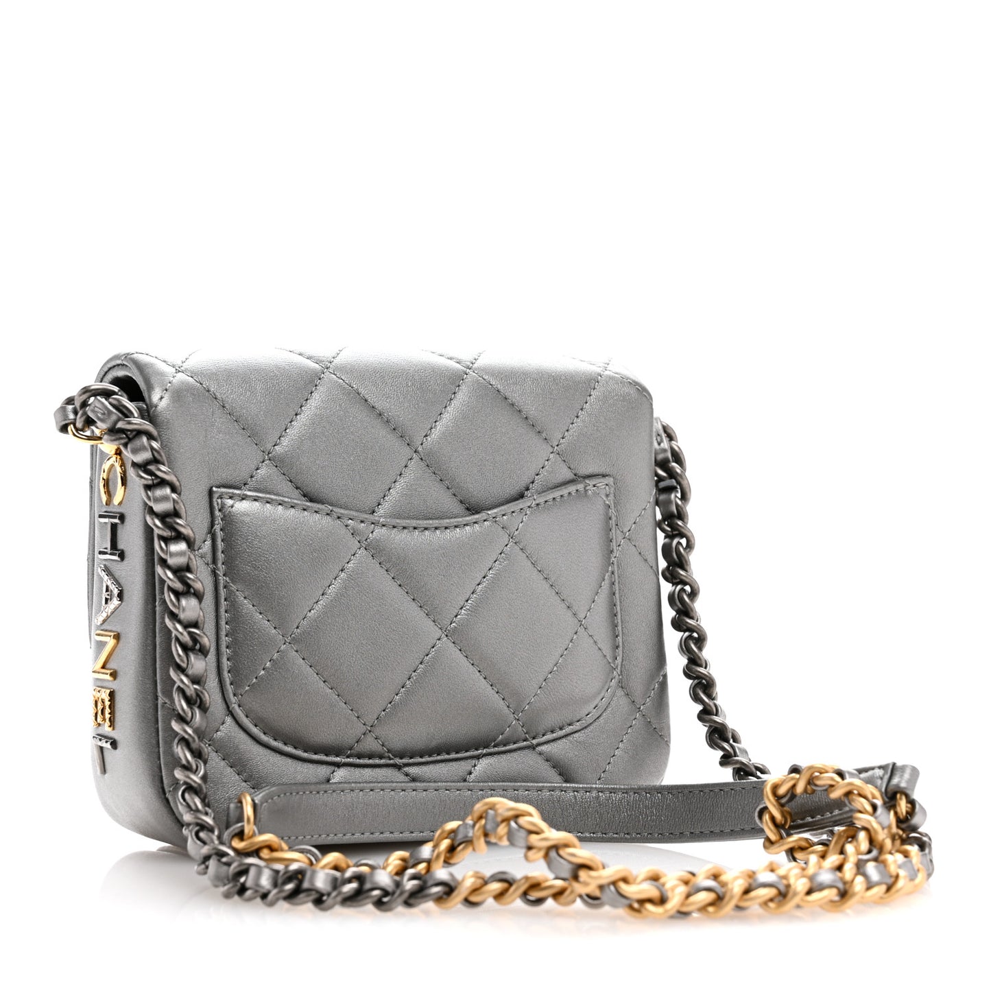 Metallic Lambskin Quilted Mini Side Note Flap Grey