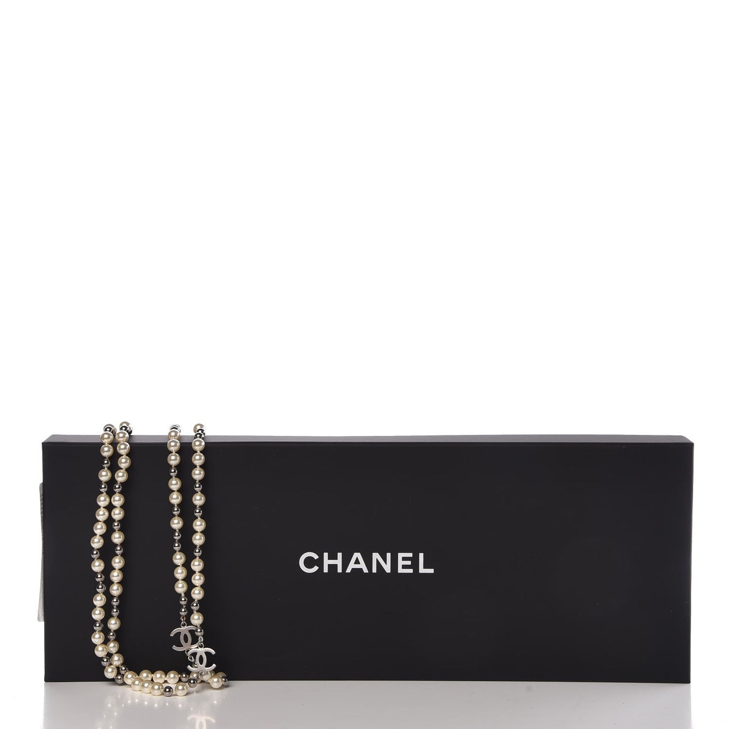 Pearl Bead CC Long Necklace Silver