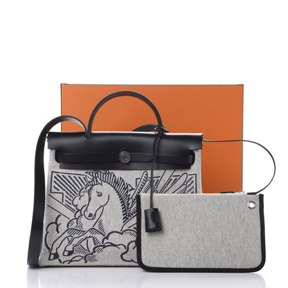 Hermes Vache Hunter Toile H Pegase Pop Herbag Zip Retourne 31 PM Bleu Indigo Ecru Black 12 of 12