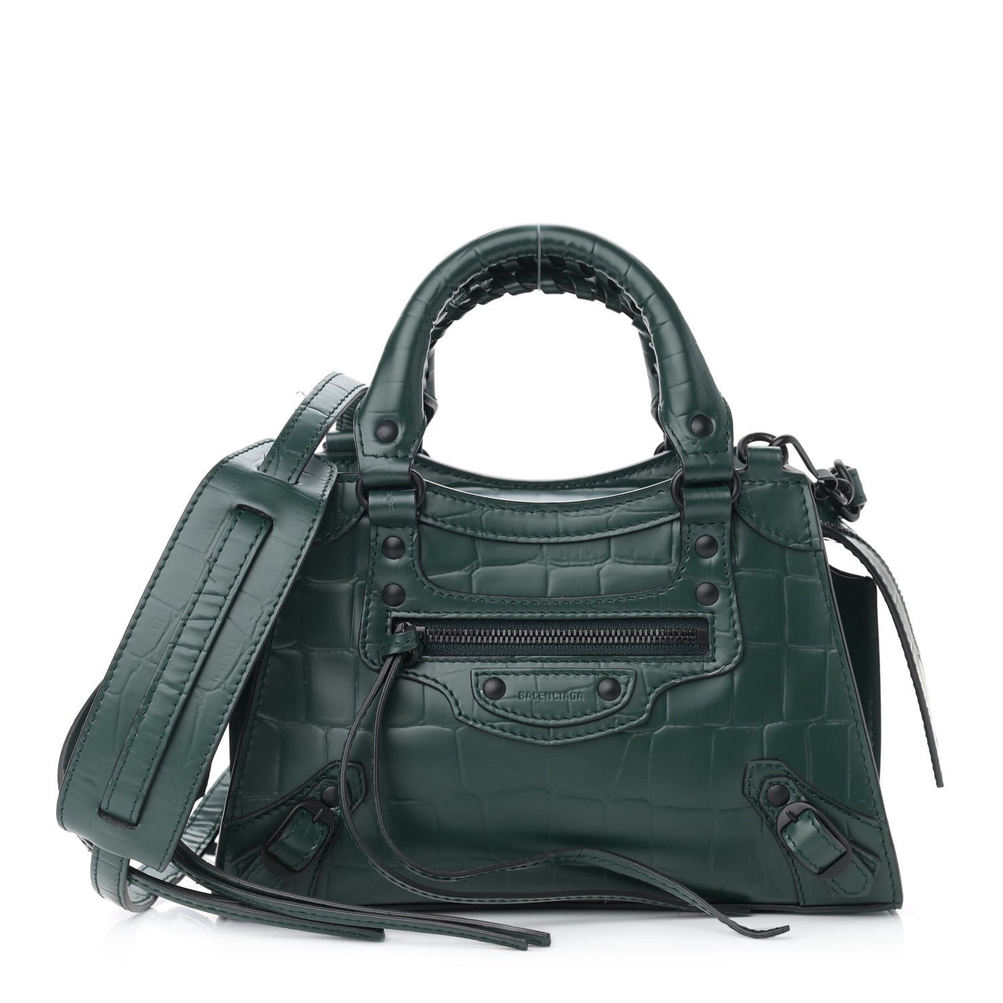 Semi Shiny Calfskin Crocodile Embossed Neo Classic Black Hardware Mini City Forest Green