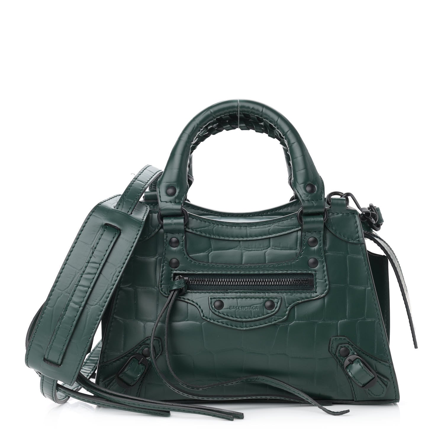 Balenciaga Semi Shiny Calfskin Crocodile Embossed Neo Classic Black Hardware Mini City Forest Green 1 of 9