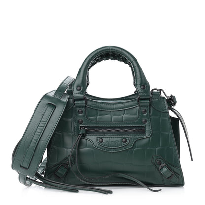Balenciaga Semi Shiny Calfskin Crocodile Embossed Neo Classic Black Hardware Mini City Forest Green 1 of 9