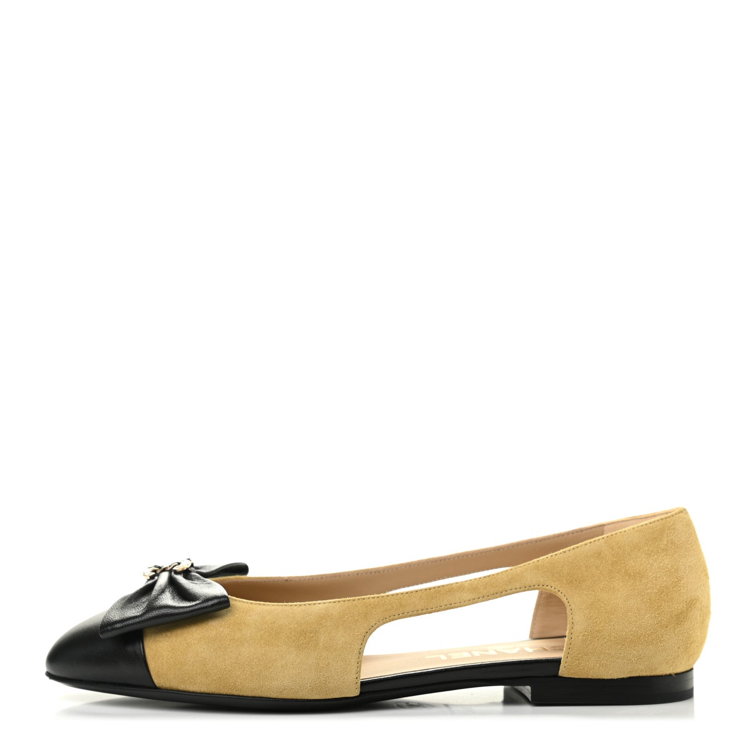Chanel Suede Calfskin Lambskin Crystal Bow CC Ballerina Flats 36.5 Beige Black 1 of 9