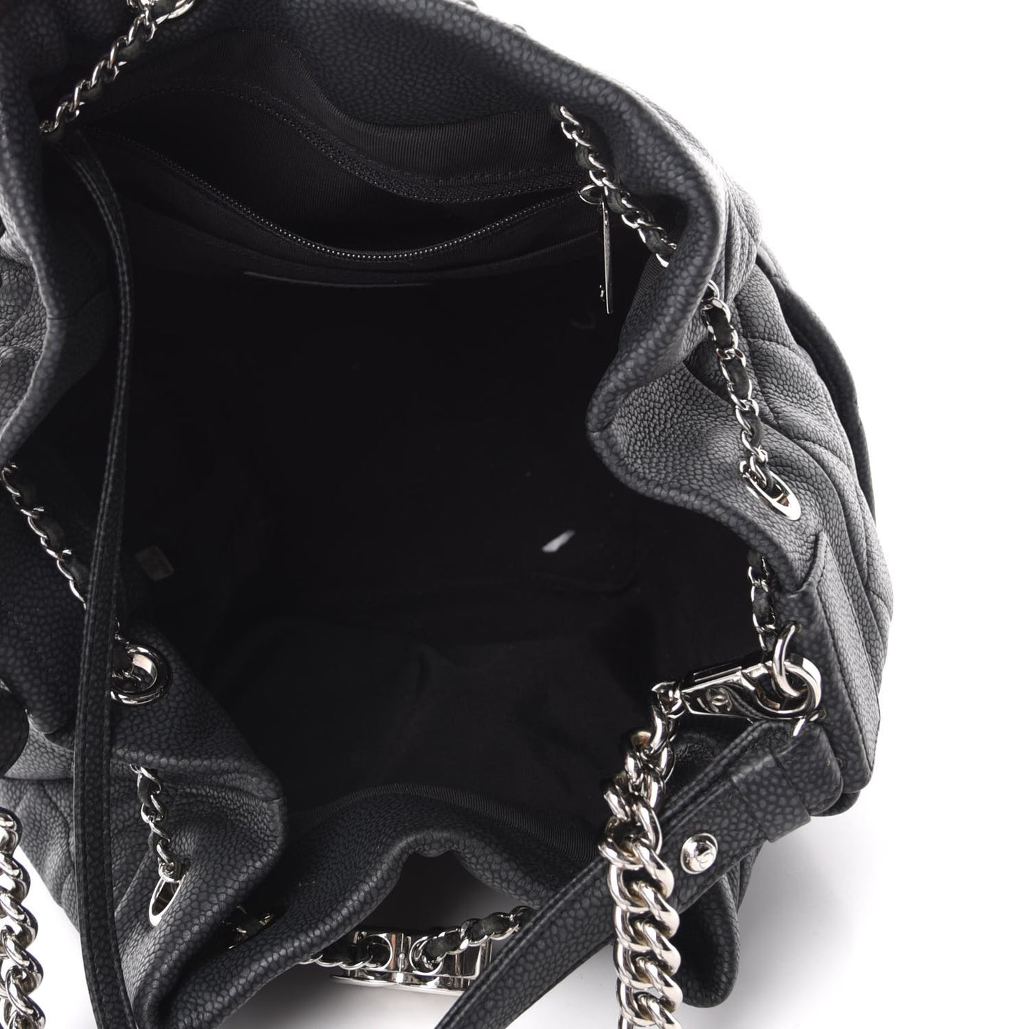 Caviar Flat Quilted CC Chain Bucket Drawstring Bag Black