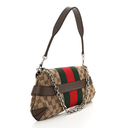 Gucci Monogram Textured Dollar Calfskin Heavy Grosgrain Web Medium Maxi Horsebit Chain Shoulder Bag Beige Ebony New Acero 2 of 10