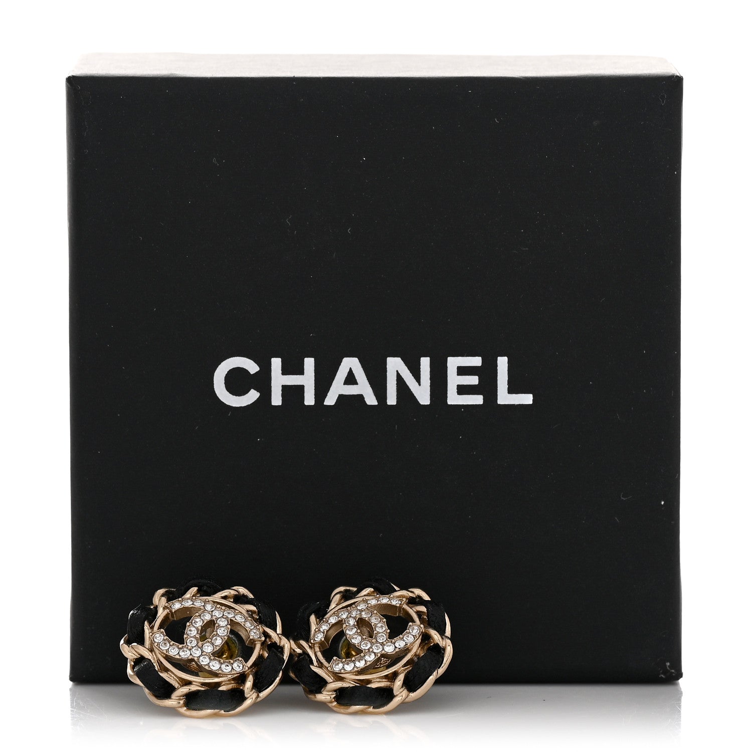 Chanel Crystal Lambskin Chain CC Stud Earrings Black Gold 5 of 5