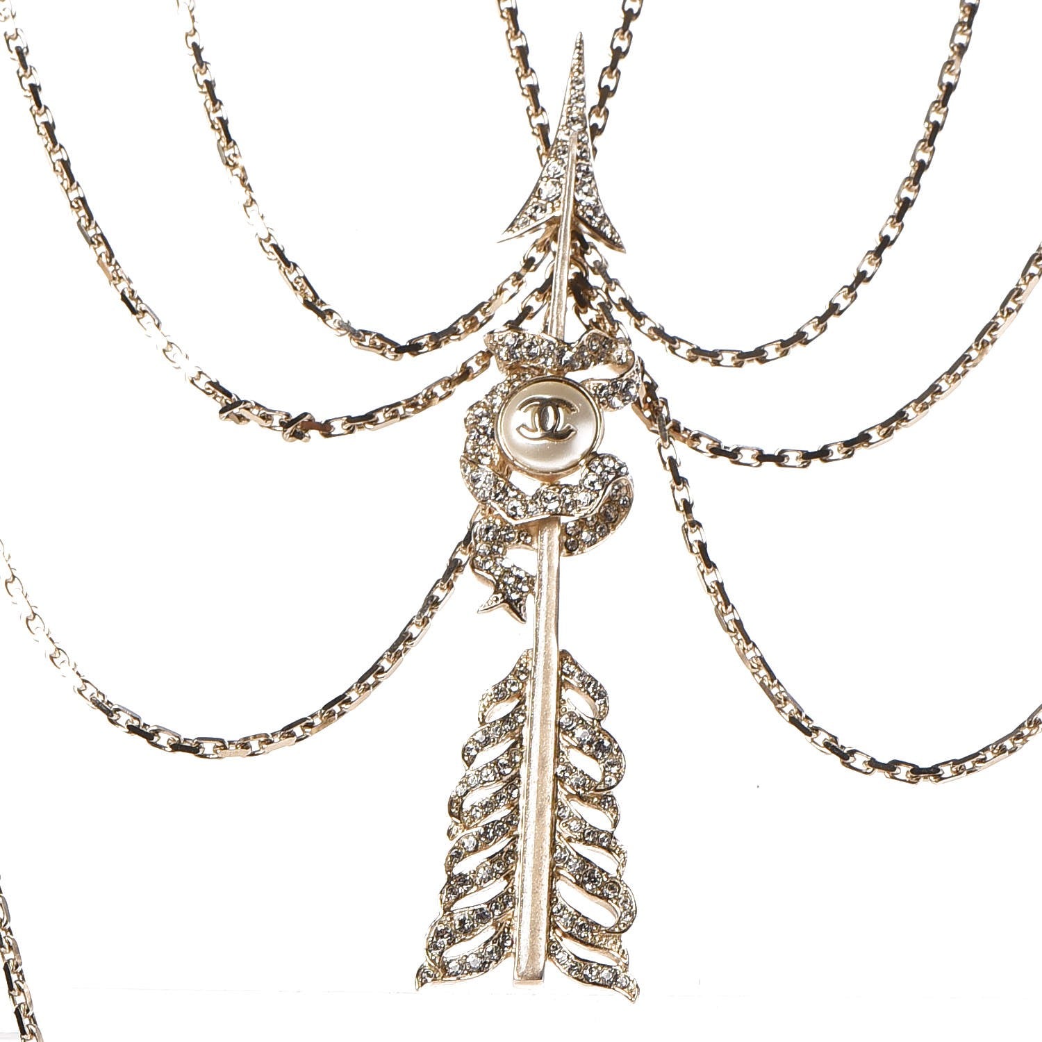 Chanel Crystal Pearl Multi Strand Chain CC Arrow Necklace Gold 4 of 7