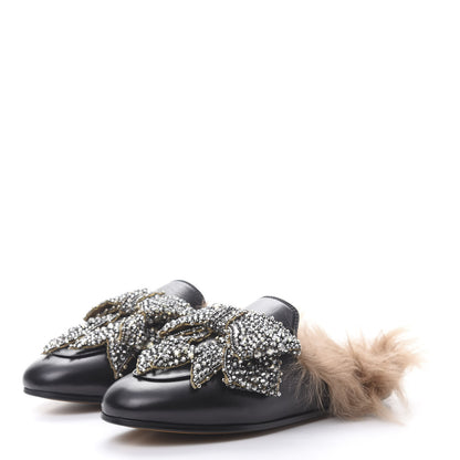 Gucci Malaga Kid Fur Crystal Bow Embroidered Womens Princetown Slippers 35.5 Black 3 of 11