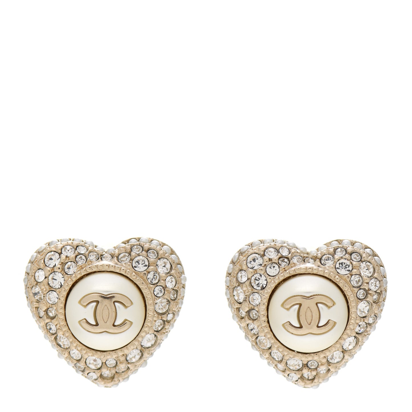 Pearl Crystal CC Heart Earrings Gold White