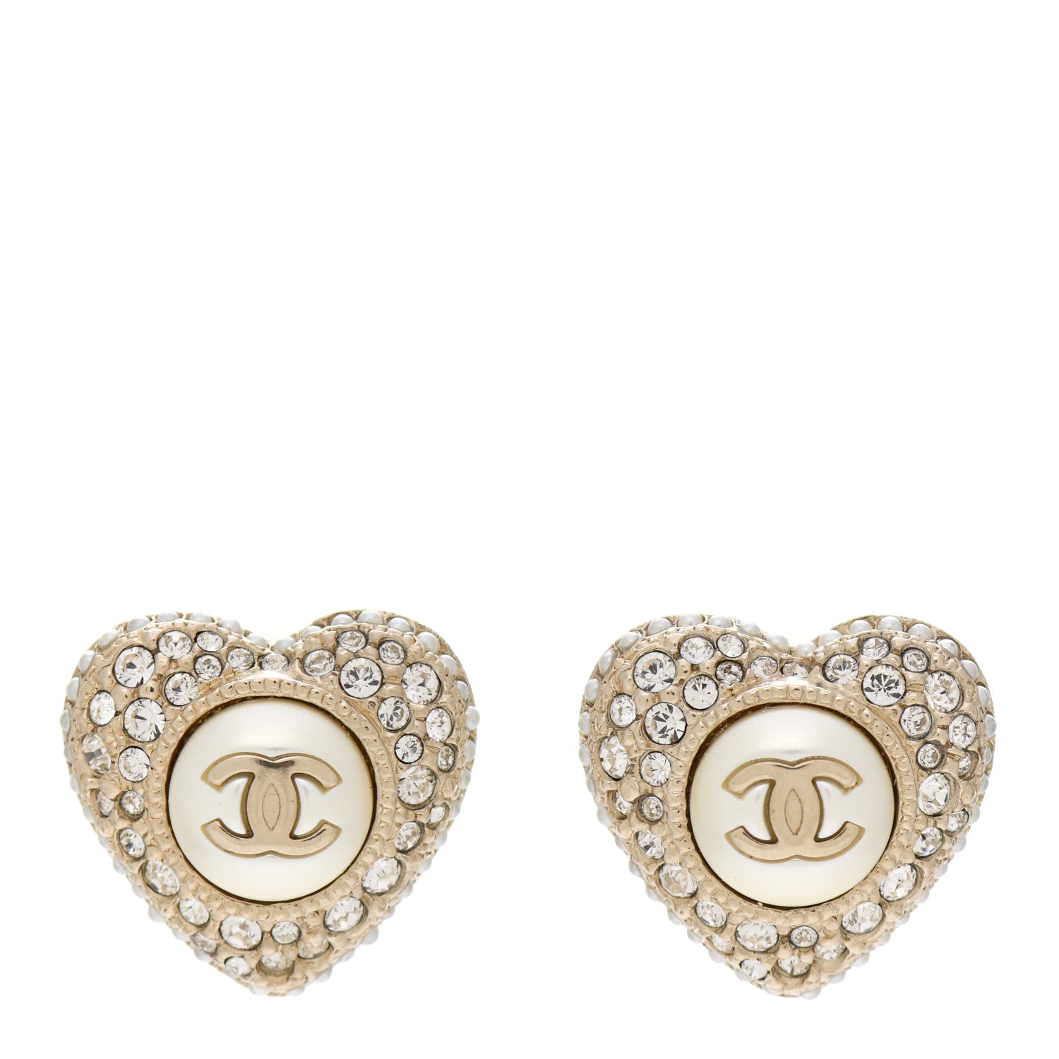 Chanel Pearl Crystal CC Heart Earrings Gold White 1 of 5