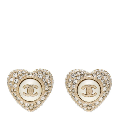 Chanel Pearl Crystal CC Heart Earrings Gold White 1 of 5