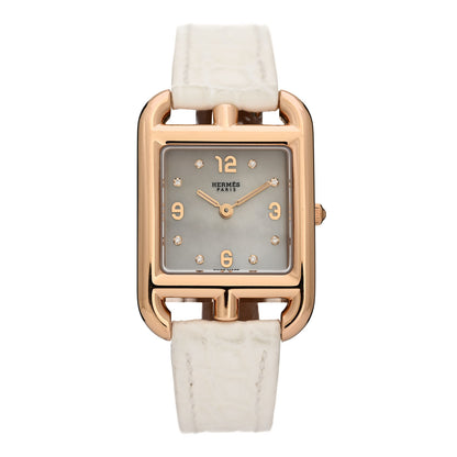 Hermes 18K Rose Gold Alligator Diamond Mother of Pearl 23mm Cape Cod Quartz Watch Blanc 1 of 5