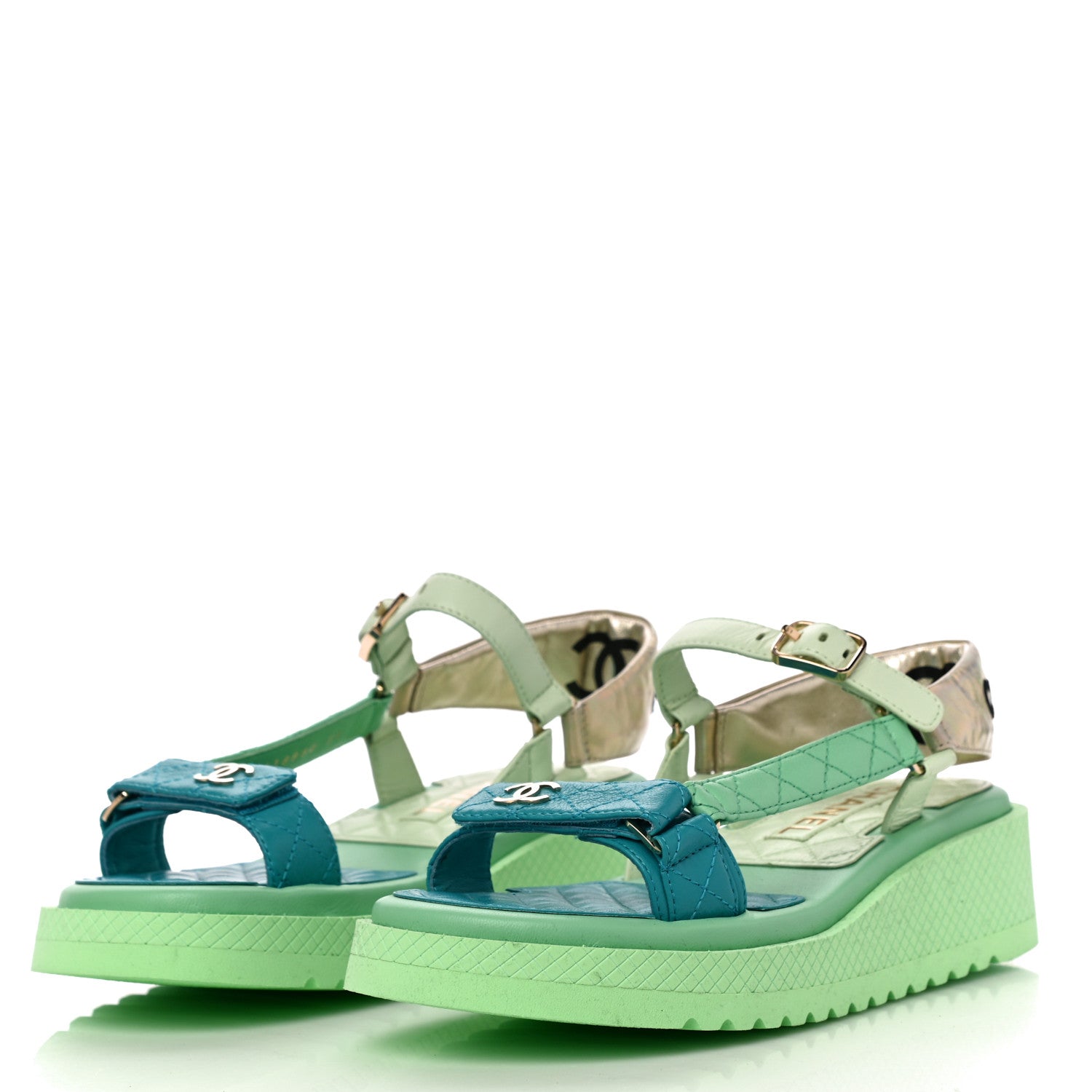 Chanel Lambskin Logo Platform Sandals 39 Turquoise Green Gold 4 of 10