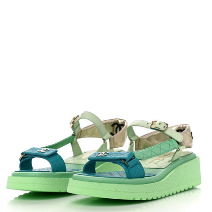 Chanel Lambskin Logo Platform Sandals 39 Turquoise Green Gold 4 of 10