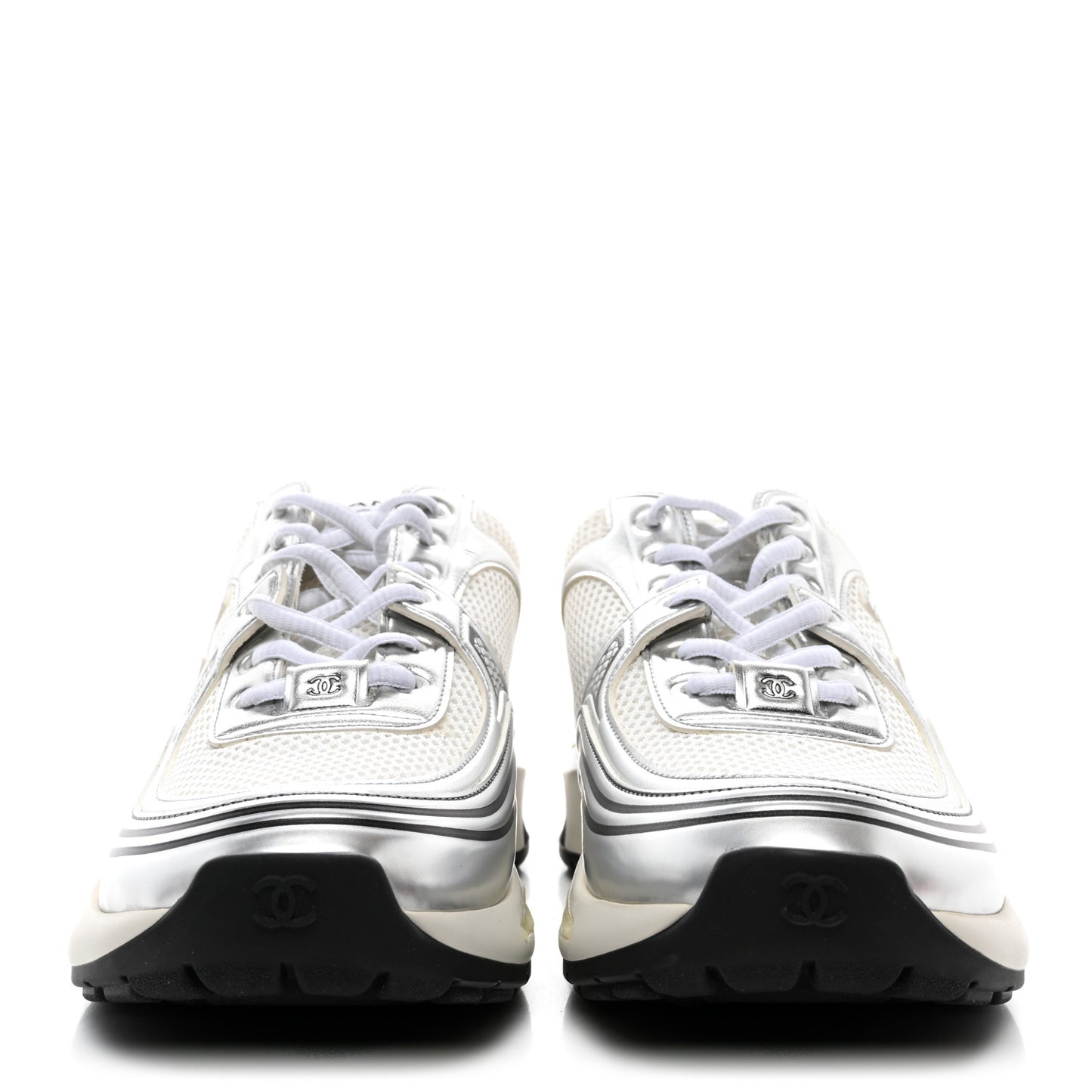 Fabric Laminated Calfskin Stretch CC Womens Sneakers 38.5 White Silver