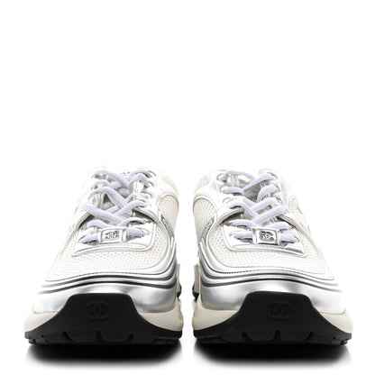 Chanel Fabric Laminated Calfskin Stretch CC Womens Sneakers 38.5 White Silver 2 of 9