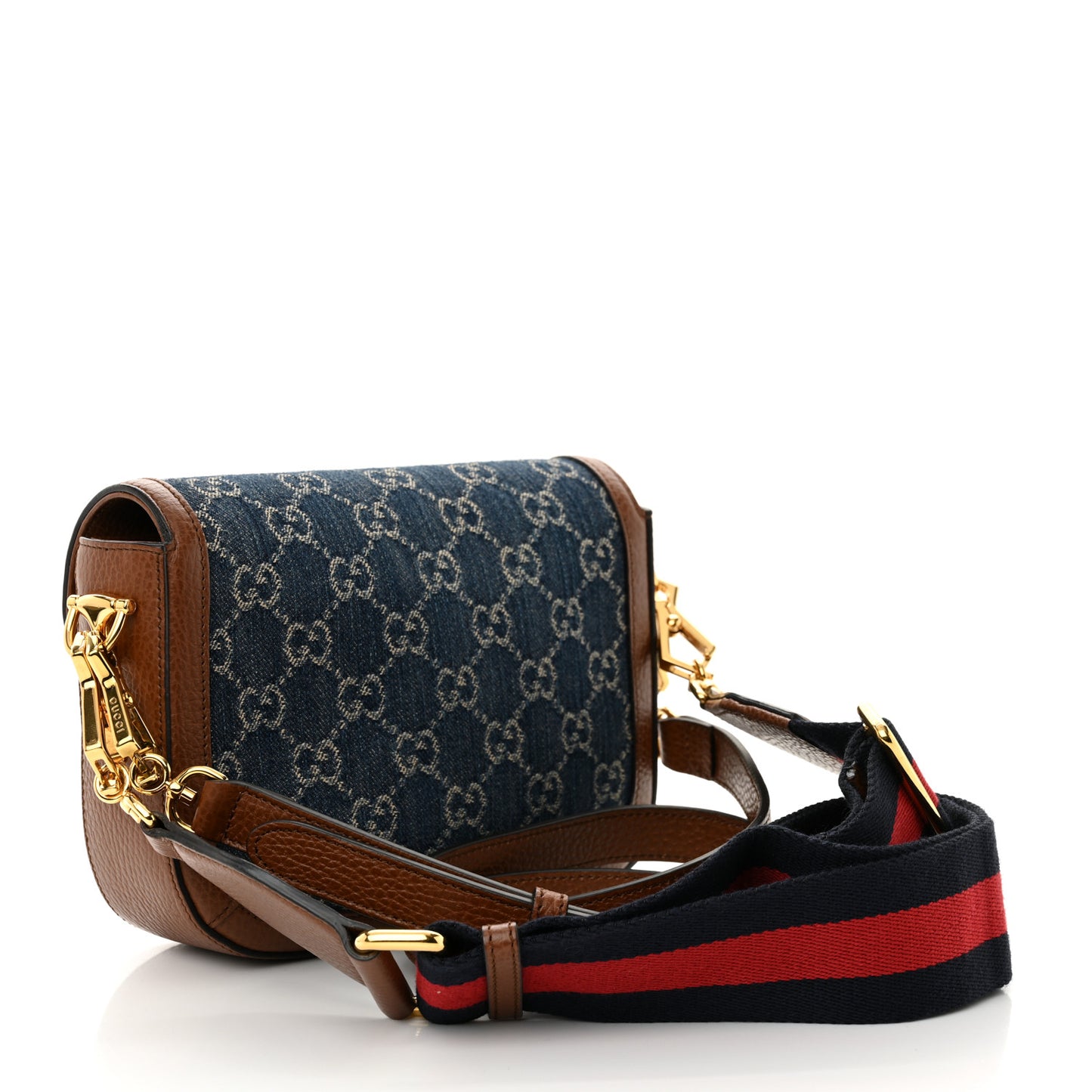 New Denim GG Monogram Dollar Calfskin Web Mini Horsebit 1955 Shoulder Bag Blue Tea Cuir Epilog Blue Tea Cuir Epilog
